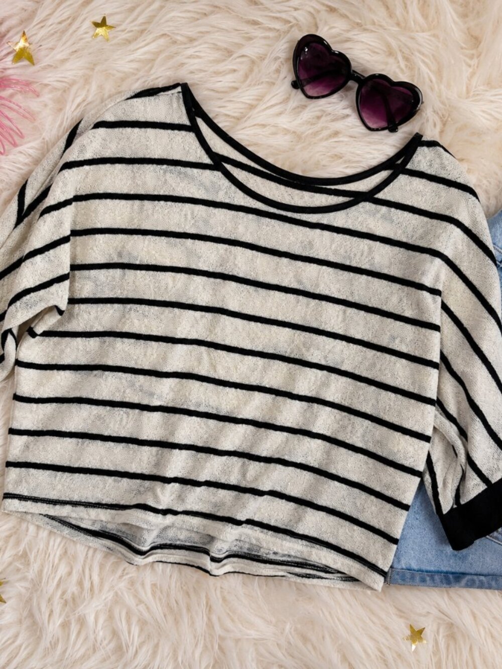 Forever 21 Striped Cropped Sweater Top | Black & Cream | Size Small